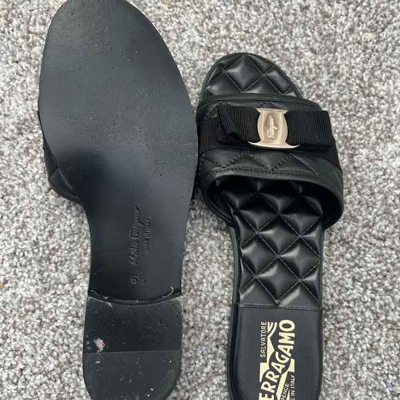 Salvatore Ferragamo Black Quilted Sandals with Gold Accent - Picture 6 of 7